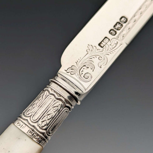 1897年 英国アンティーク 白蝶貝ハンドル&純銀ブレード デザートカトラリーセット Harrison Brothers 木箱入り