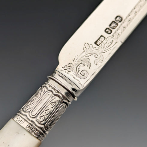 1897 年英國古董白色珍珠手柄和純銀刀片甜點餐具套裝哈里森兄弟木盒裝