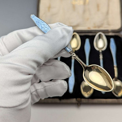 1913年 英国アンティーク エナメル装飾 純銀製 コーヒースプーン6本セット Theodor Hartmann