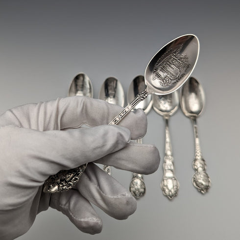 Circa 1900 US Antique Sterling Silver Souvenir Spoon x6 Teaspoon Size Total 100g