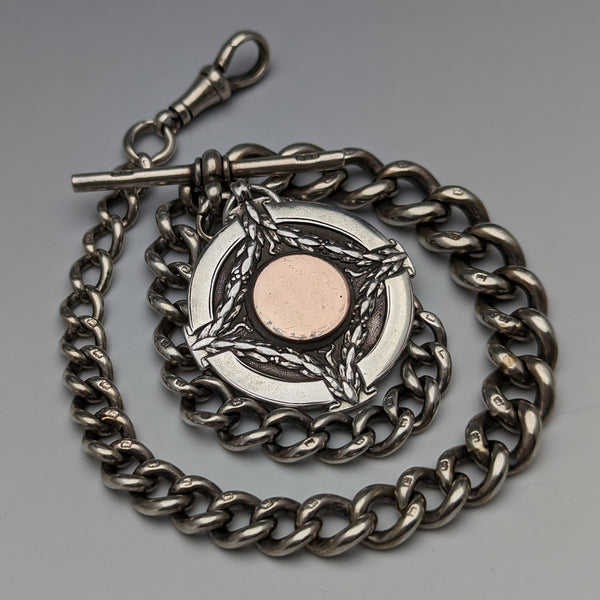 Circa 1923 British Antique Sterling Silver Albert Chain 56g Medal Fob
