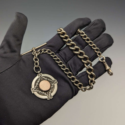 Circa 1923 British Antique Sterling Silver Albert Chain 56g Medal Fob