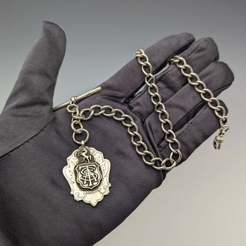 Circa 1884 British Antique Sterling Silver Albert Chain 37g Emblem Fob