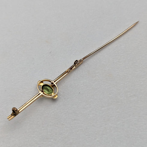 英国アンティーク 15ctゴールド製 グリーンストーン&パール ピンブローチ