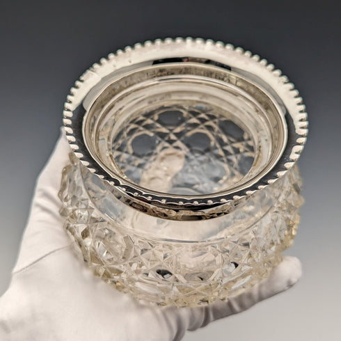 1929年 英国ヴィンテージ カットガラス ボウル 純銀装飾 Arthur Willmore Pennington