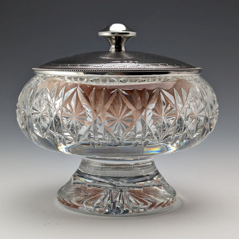 1929 年英國復古切割玻璃粉罐,帶鏡面純銀蓋 Harrison & Hipwood