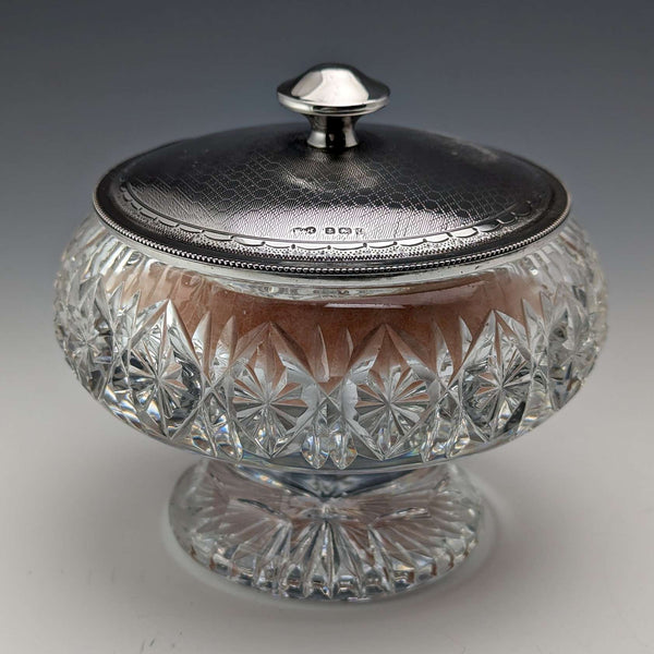 1929 British Vintage Cut Glass Powder Jar with Mirror Sterling Silver Lid Harrison & Hipwood
