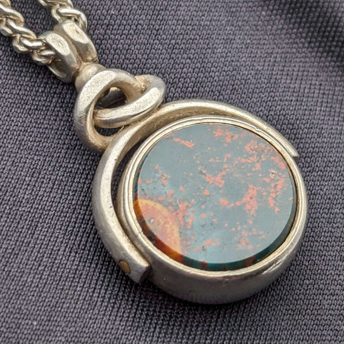 1897 British Antique Sterling Silver & Natural Stone Rotating Fob Sterling Silver Necklace