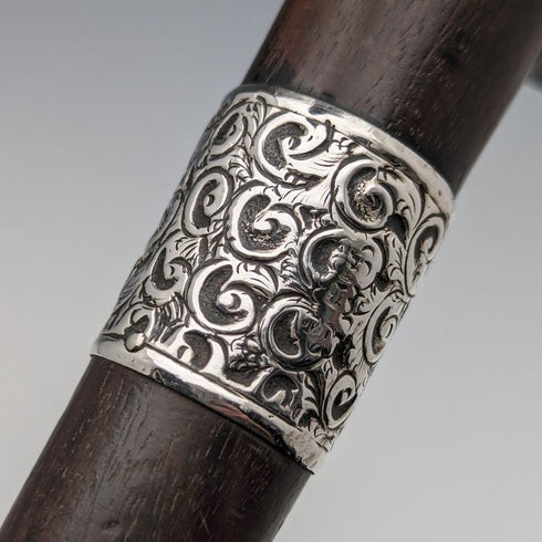 British Antique Men's Cane Clutch Handle Sterling Silver Decoration 85cm