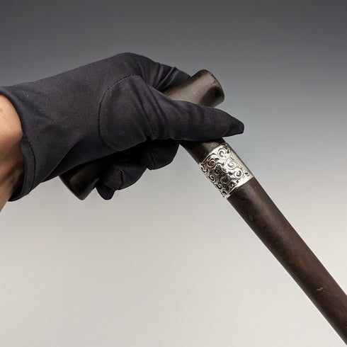 British Antique Men's Cane Clutch Handle Sterling Silver Decoration 85cm