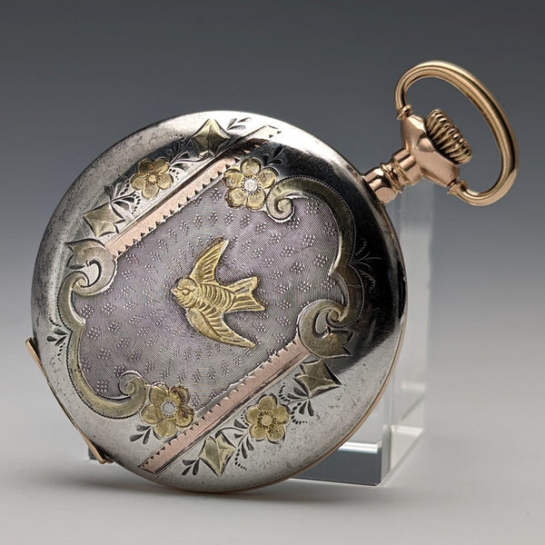 1914 US Antique Elgin Pocket Watch Sterling Silver Multicolor Hunter Case Good Working Condition