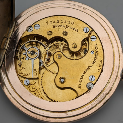 1914 US Antique Elgin Pocket Watch Sterling Silver Multicolor Hunter Case Good Working Condition