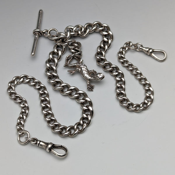 Circa 1920 British Antique Sterling Silver Double Albert Chain 59g Sterling Silver Lizard Fob