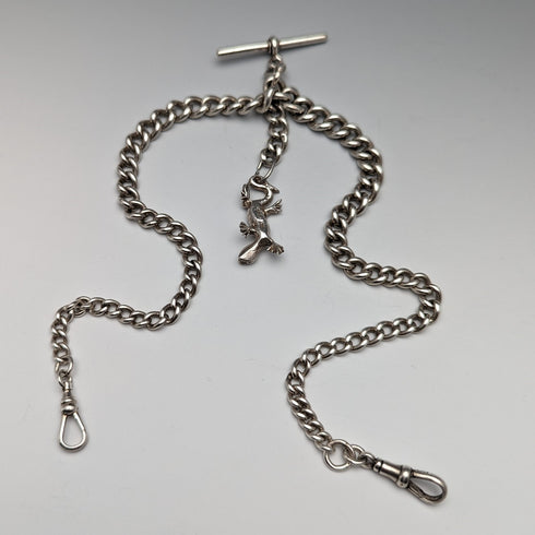 Circa 1920 British Antique Sterling Silver Double Albert Chain 59g Sterling Silver Lizard Fob