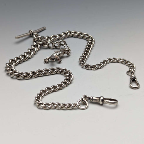 Circa 1920 British Antique Sterling Silver Double Albert Chain 59g Sterling Silver Lizard Fob