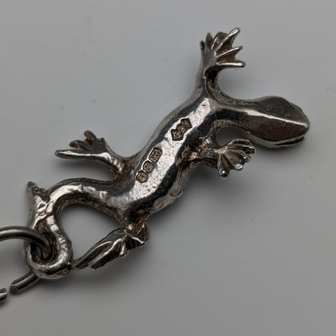 Circa 1920 British Antique Sterling Silver Double Albert Chain 59g Sterling Silver Lizard Fob