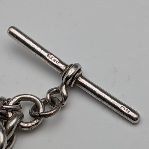 Circa 1920 British Antique Sterling Silver Double Albert Chain 59g Sterling Silver Lizard Fob