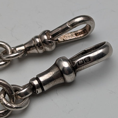 Circa 1920 British Antique Sterling Silver Double Albert Chain 59g Sterling Silver Lizard Fob