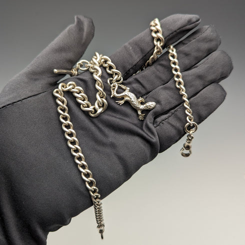 Circa 1920 British Antique Sterling Silver Double Albert Chain 59g Sterling Silver Lizard Fob