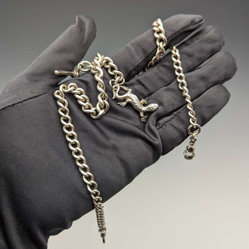 Circa 1920 British Antique Sterling Silver Double Albert Chain 59g Sterling Silver Lizard Fob