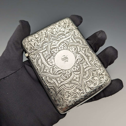 1898 British Antique Sterling Silver Card Case 75g Saunders and Shepherd