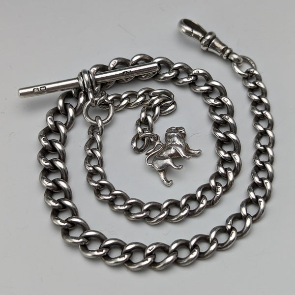 Circa 1900 British Antique Sterling Silver Albert Chain 29g Sterling Silver Lion Fob