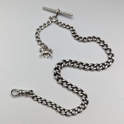 1900年頃 英国アンティーク 純銀製アルバートチェーン 29g 純銀ライオンフォブ