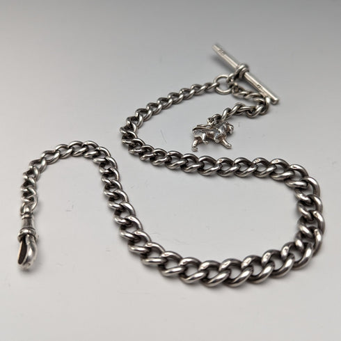 1900年頃 英国アンティーク 純銀製アルバートチェーン 29g 純銀ライオンフォブ
