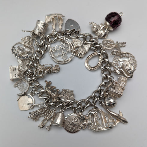 British vintage sterling silver charm bracelet 100g