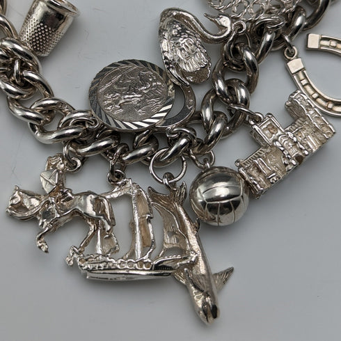 British vintage sterling silver charm bracelet 100g