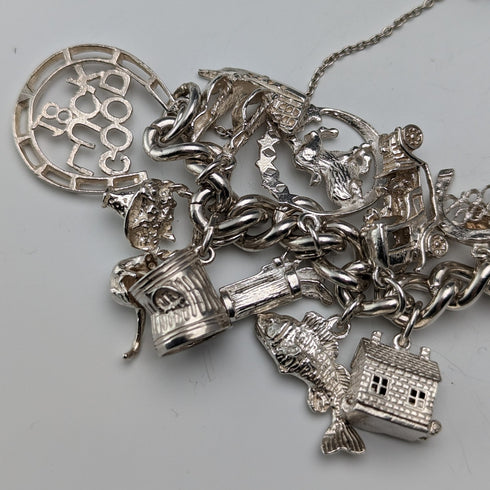 British vintage sterling silver charm bracelet 100g