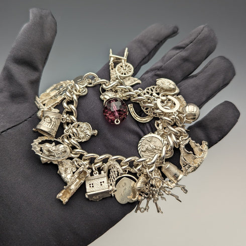 British vintage sterling silver charm bracelet 100g