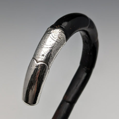 約 1910 年英國古董女士手杖,弧形手柄,純銀裝飾,83 厘米