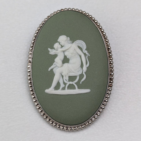1952 年英國復古韋奇伍德純銀和綠色碧玉橢圓形胸針