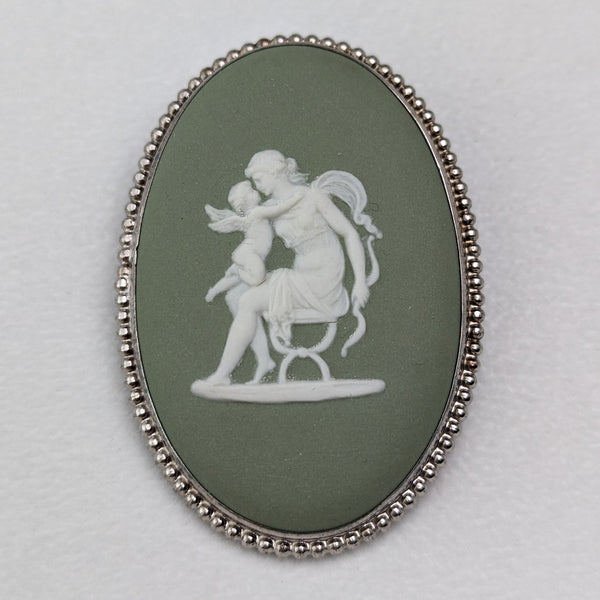 1952 年英國復古韋奇伍德純銀和綠色碧玉橢圓形胸針