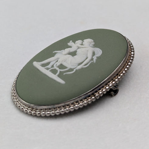 1952 年英國復古韋奇伍德純銀和綠色碧玉橢圓形胸針