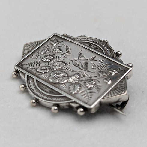 British antique silver flower and bird design brooch