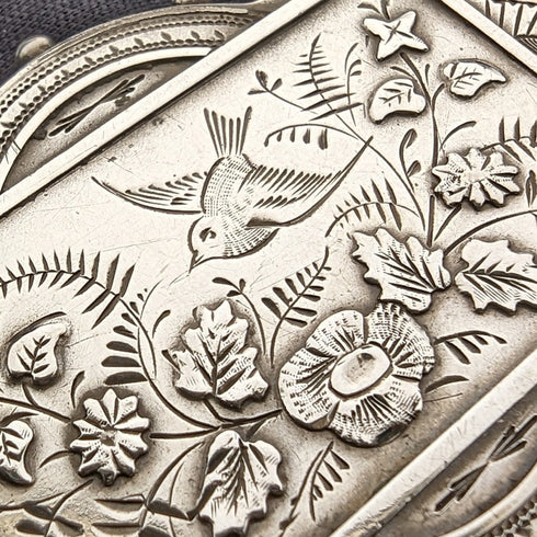 British antique silver flower and bird design brooch
