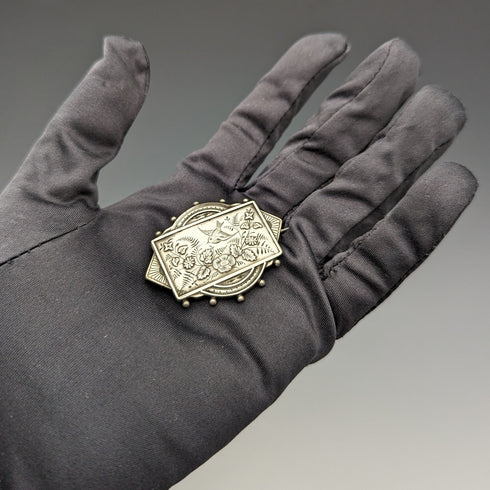 British antique silver flower and bird design brooch