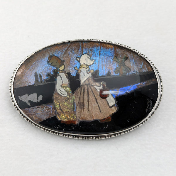 Antique Dutch landscape with butterfly wings silver brooch