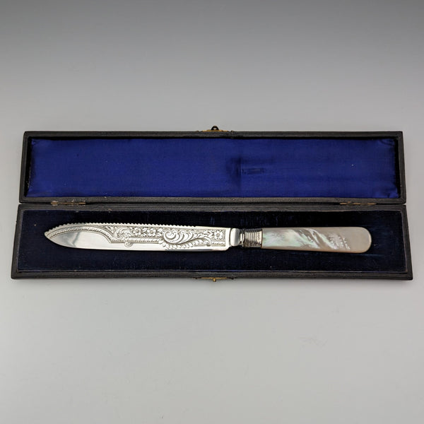 1925 British Antique White Pearl Handle Bread Knife Boxed John Batt