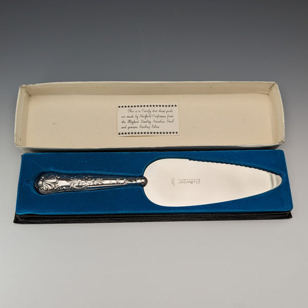 1973 British Vintage Sterling Silver Handle Cake Slicer Boxed Harrison Brothers