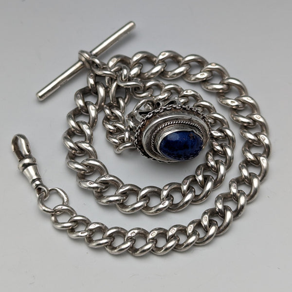 Late 19th Century British Antique Sterling Silver Albert Chain 61g Lapis Lazuli Fob