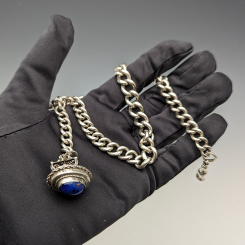 19世紀後半 英国アンティーク 純銀製アルバートチェーン 61g ラピスラズリフォブ