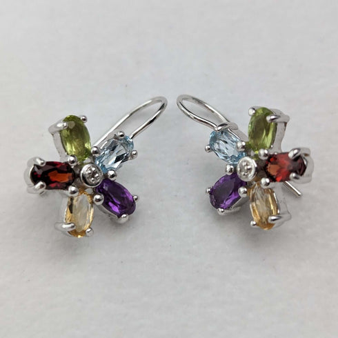 British Vintage Jewelry Diamond & Multi-Stone Flower Sterling Silver Earrings