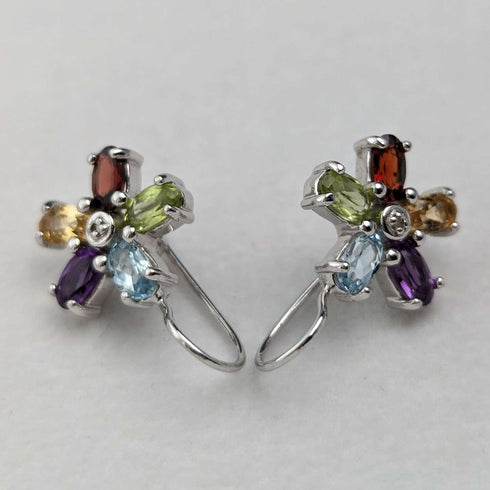 British Vintage Jewelry Diamond & Multi-Stone Flower Sterling Silver Earrings