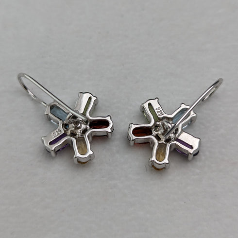 英国ヴィンテージジュエリー ダイヤモンド&マルチストーンフラワー 純銀ピアス