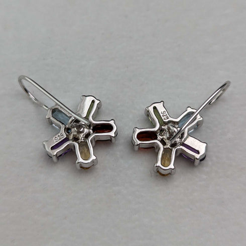 British Vintage Jewelry Diamond & Multi-Stone Flower Sterling Silver Earrings