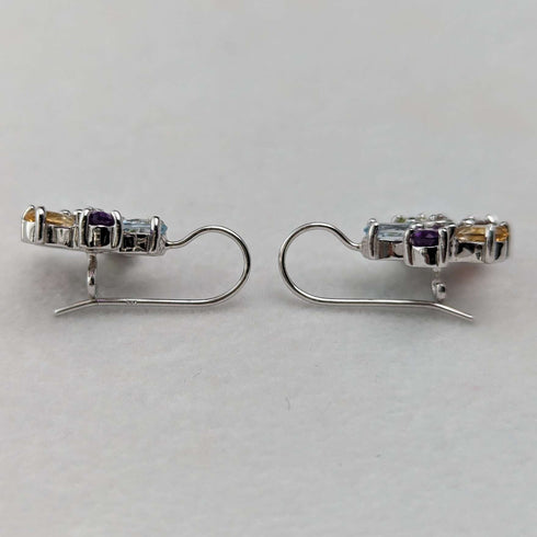 British Vintage Jewelry Diamond & Multi-Stone Flower Sterling Silver Earrings