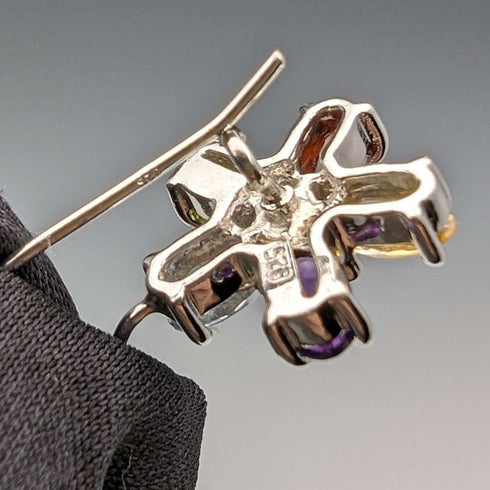 British Vintage Jewelry Diamond & Multi-Stone Flower Sterling Silver Earrings